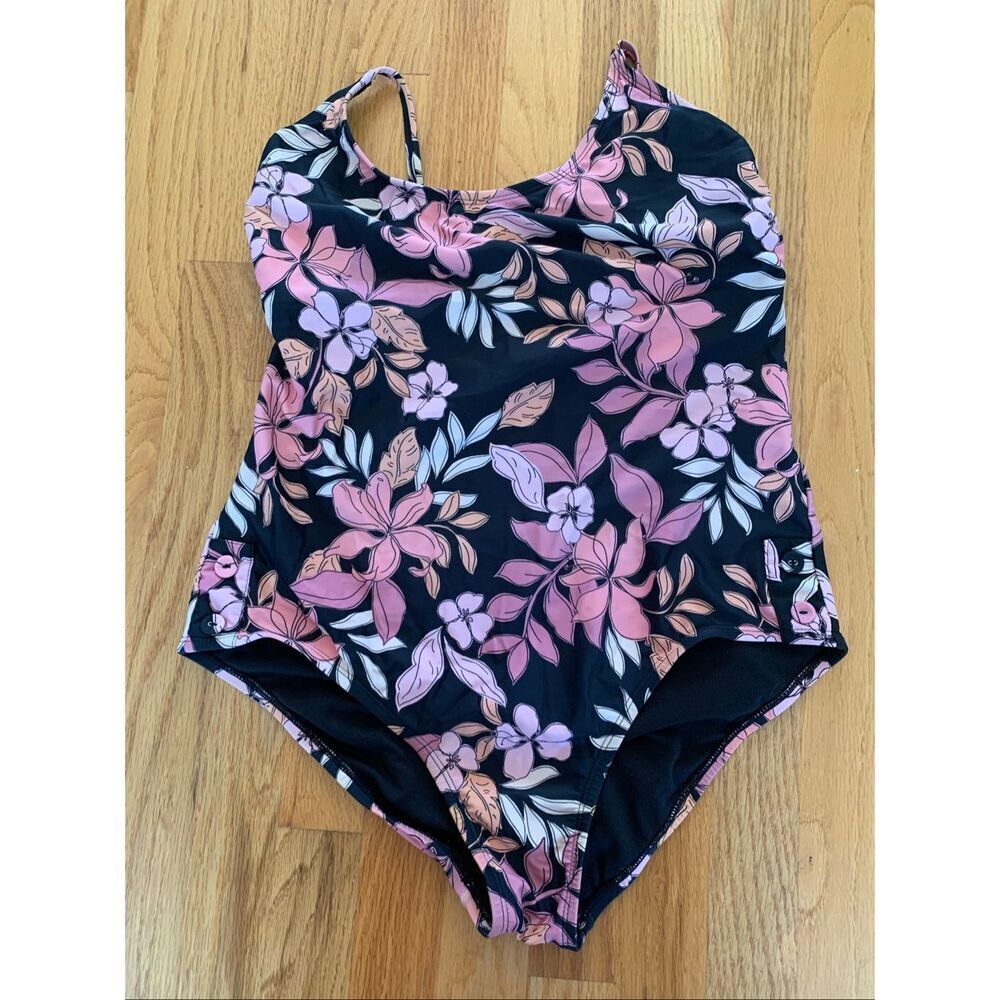 AQUA COUTURE One Piece Swimsuit Black Orange Pink Florals